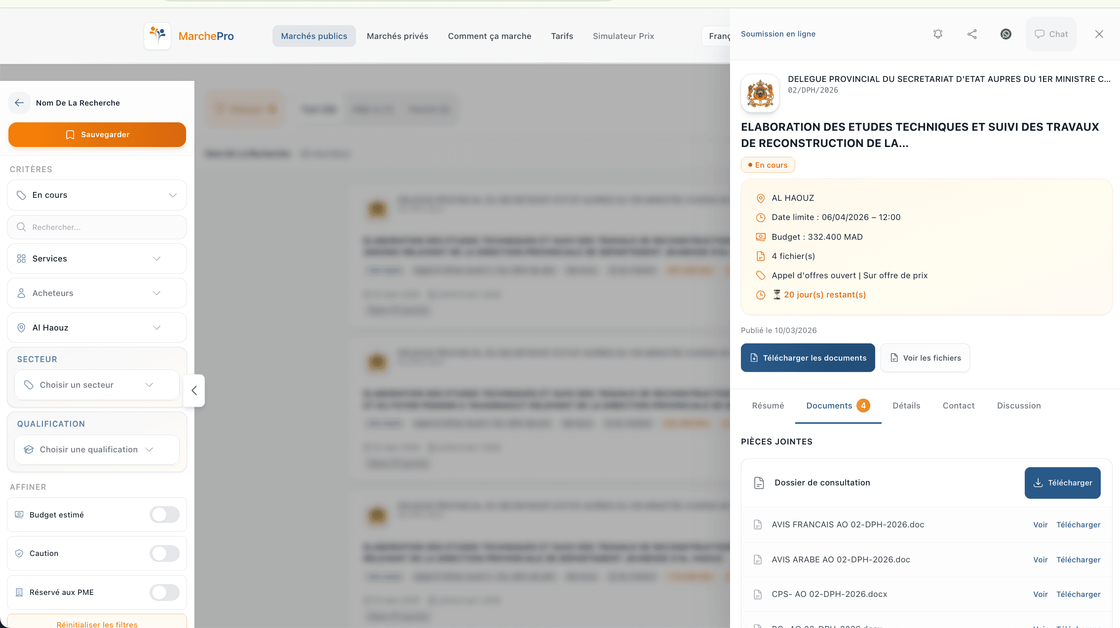 Liste, filtres, budgets et dates limites — aperçu de la plateforme